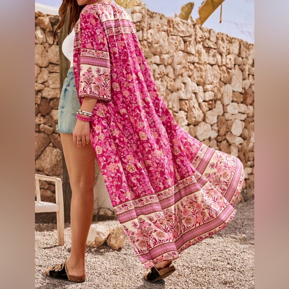 Maxi Floral Open Kimono 3X Candy Pink Layer Duster Cover-Up Festival Boho Summer